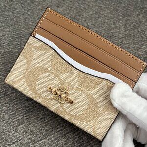 NWT COACH CH415 Slim Id Card Case Signature Canvas & Leather Gold/Lt Khaki